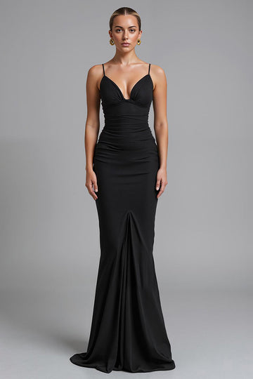 Spaghetti Straps Noir Strecth Satin Sirène Robe de soirée froncée